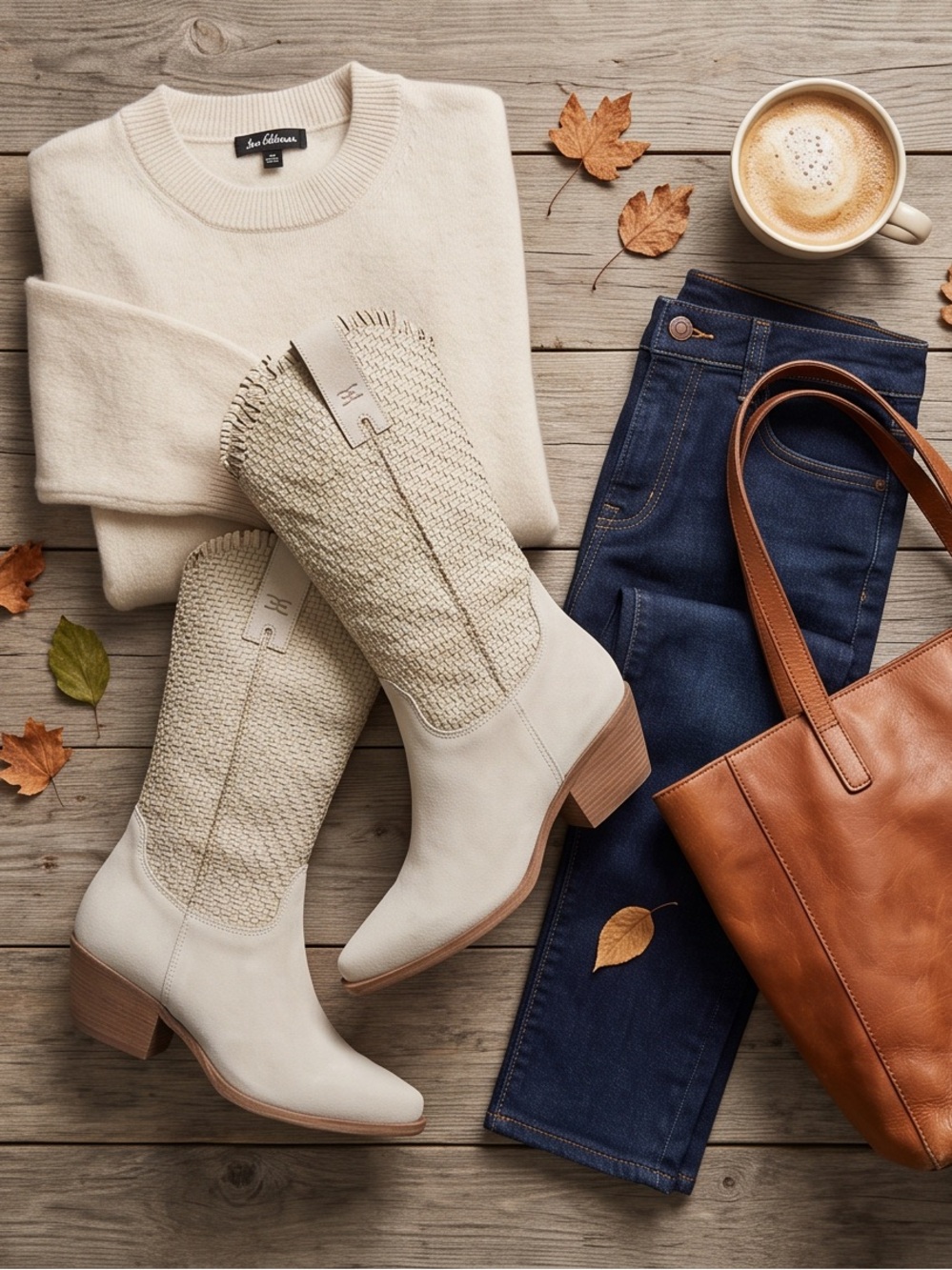 Sam Edelman Cream Woven Mid-Calf Heeled Boots